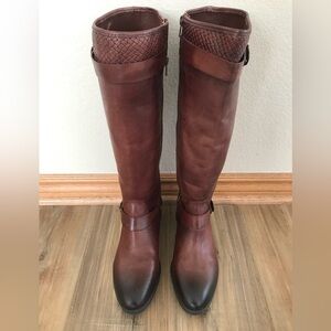 NWT ANTONIO MELANI EUNICE TALL LEATHER BOOTS, SIZE 9 1/2, DARK WOODBERRY OMBRÉ.